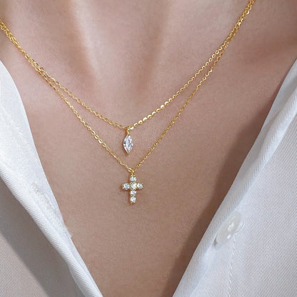 "Mini Double-Chain Cross" 925 Sterling Silver Necklace with 5A Zircon – Petite, Elegant, Faithful