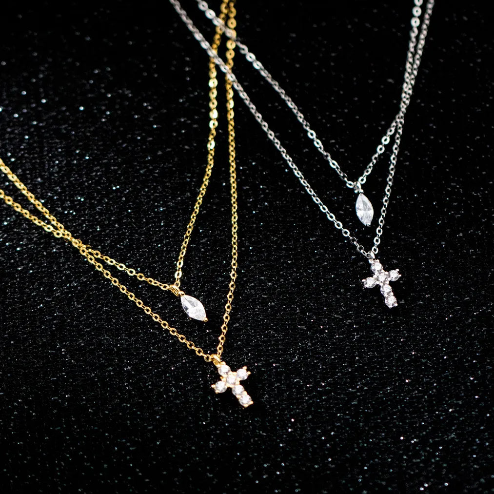 "Mini Double-Chain Cross" 925 Sterling Silver Necklace with 5A Zircon – Petite, Elegant, Faithful