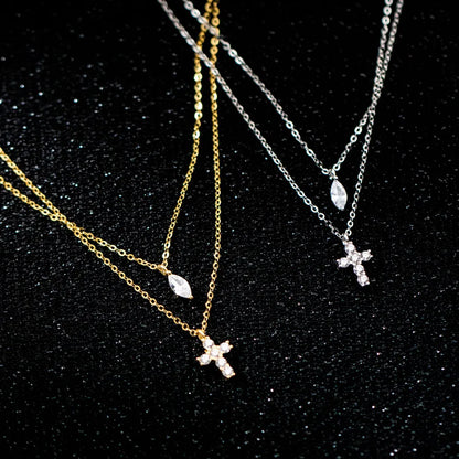 "Mini Double-Chain Cross" 925 Sterling Silver Necklace with 5A Zircon – Petite, Elegant, Faithful