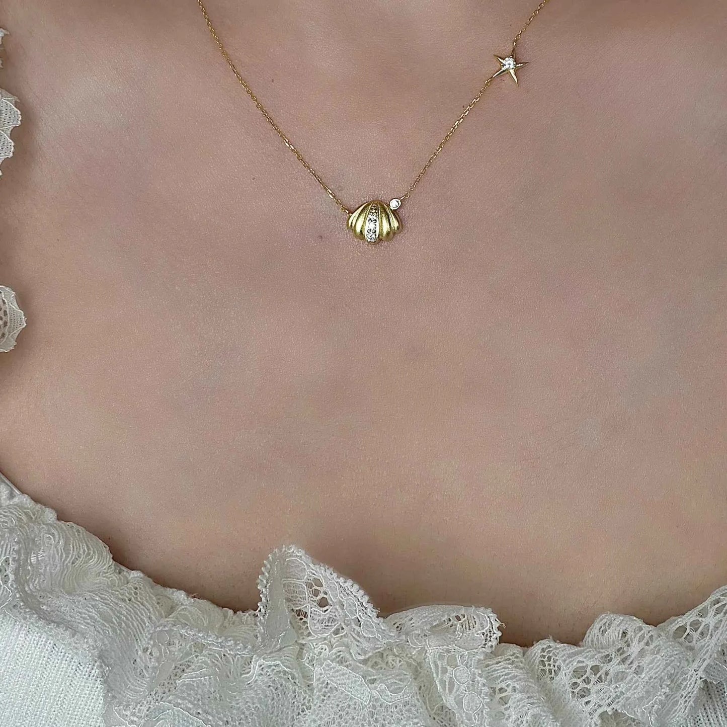 "Orange Ocean" 925 Sterling Gold-Plated Diamond-Row Shell-Star Necklace – Low-Luxury & Coastal Chic (Copy)