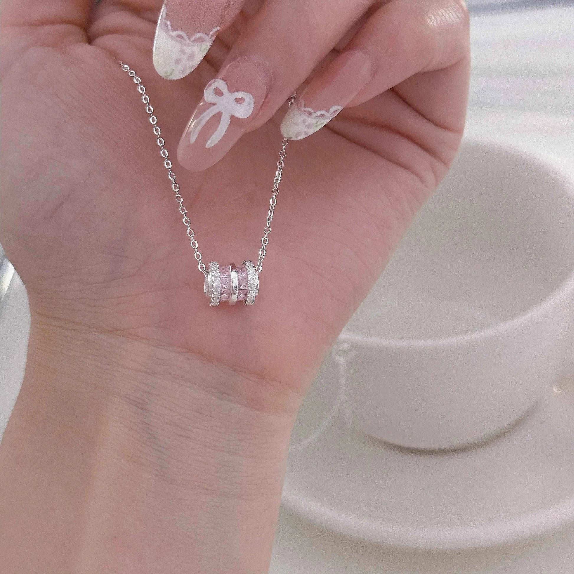 "Pink Fortune Bead" 999 Pure Silver Necklace with Zircon - Elegant and Charming