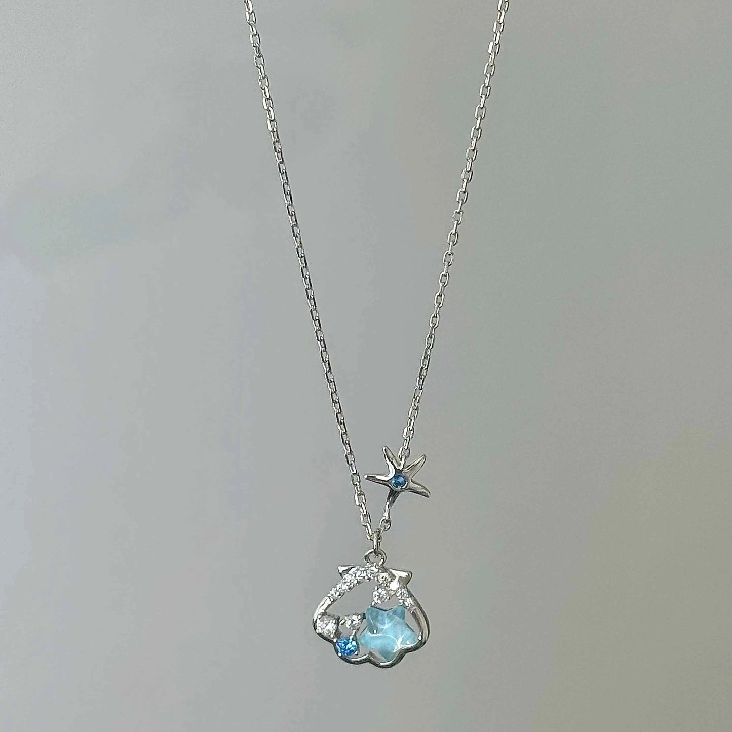 "Starlight Shell" 925 Sterling Silver Necklace - Dreamy Blue Starfish and Shell Design (Copy)
