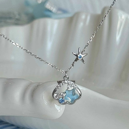 "Starlight Shell" 925 Sterling Silver Necklace - Dreamy Blue Starfish and Shell Design (Copy)