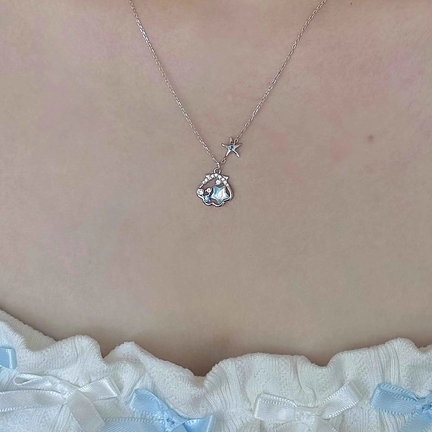 "Starlight Shell" 925 Sterling Silver Necklace - Dreamy Blue Starfish and Shell Design (Copy)
