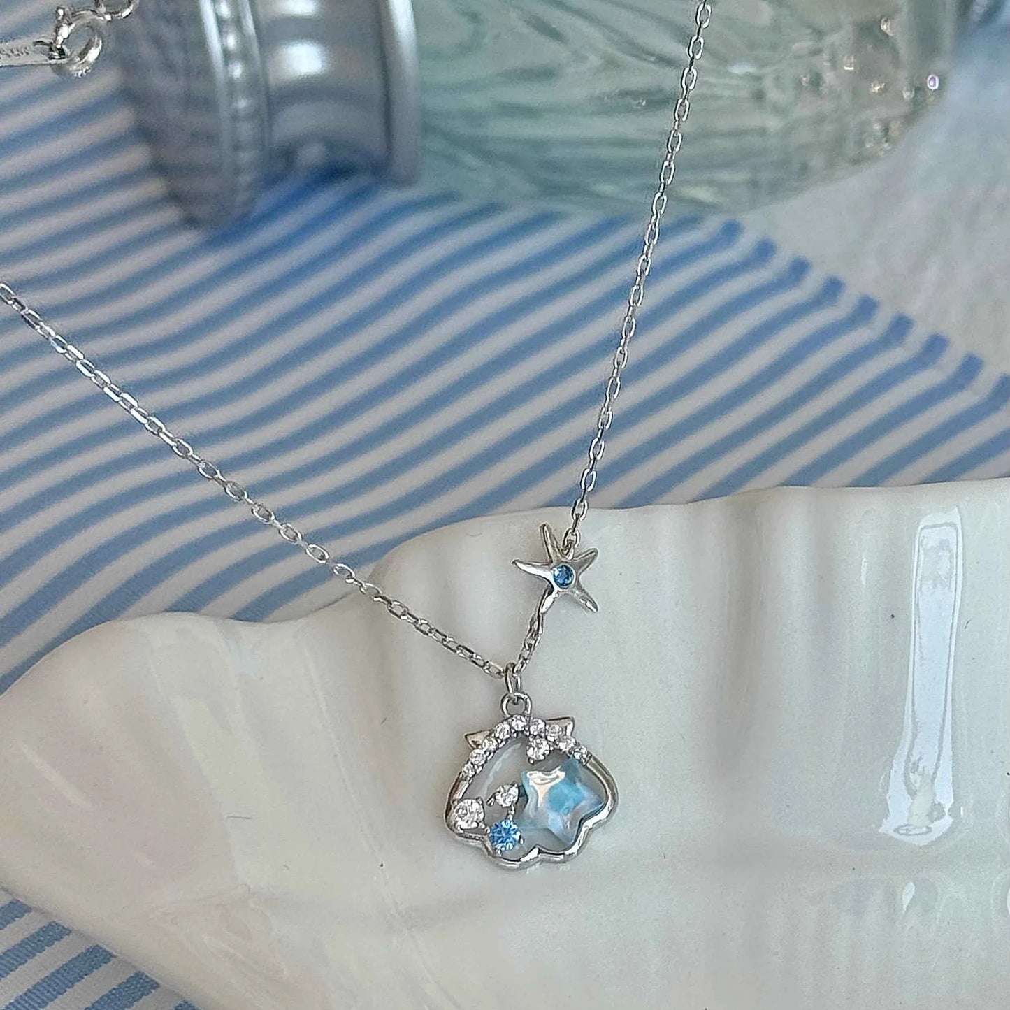 "Starlight Shell" 925 Sterling Silver Necklace - Dreamy Blue Starfish and Shell Design (Copy)