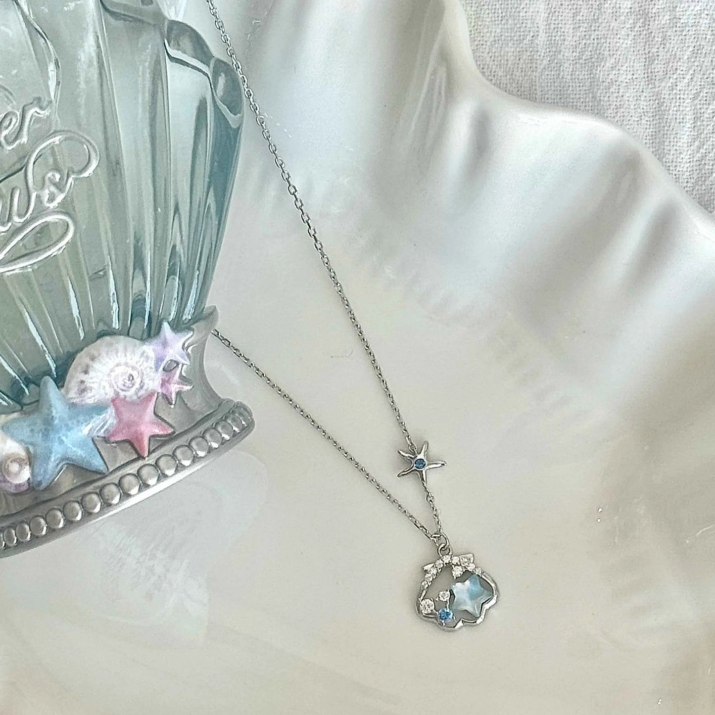 "Starlight Shell" 925 Sterling Silver Necklace - Dreamy Blue Starfish and Shell Design (Copy)