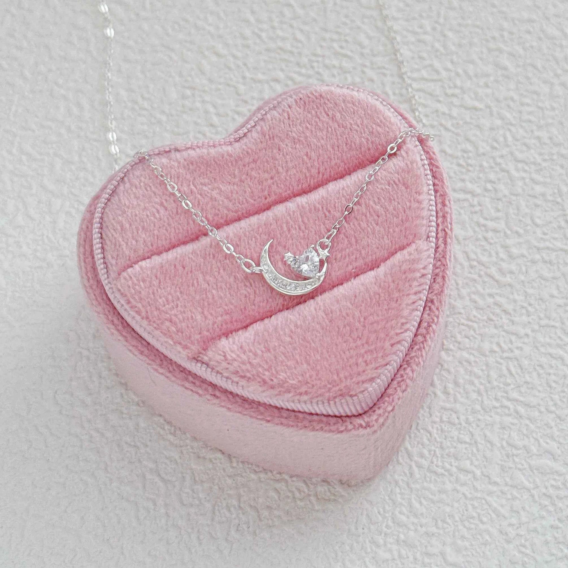 "Night Dream Starlight" 999 Pure Silver Heart and Moon Necklace - Dreamy and Elegant