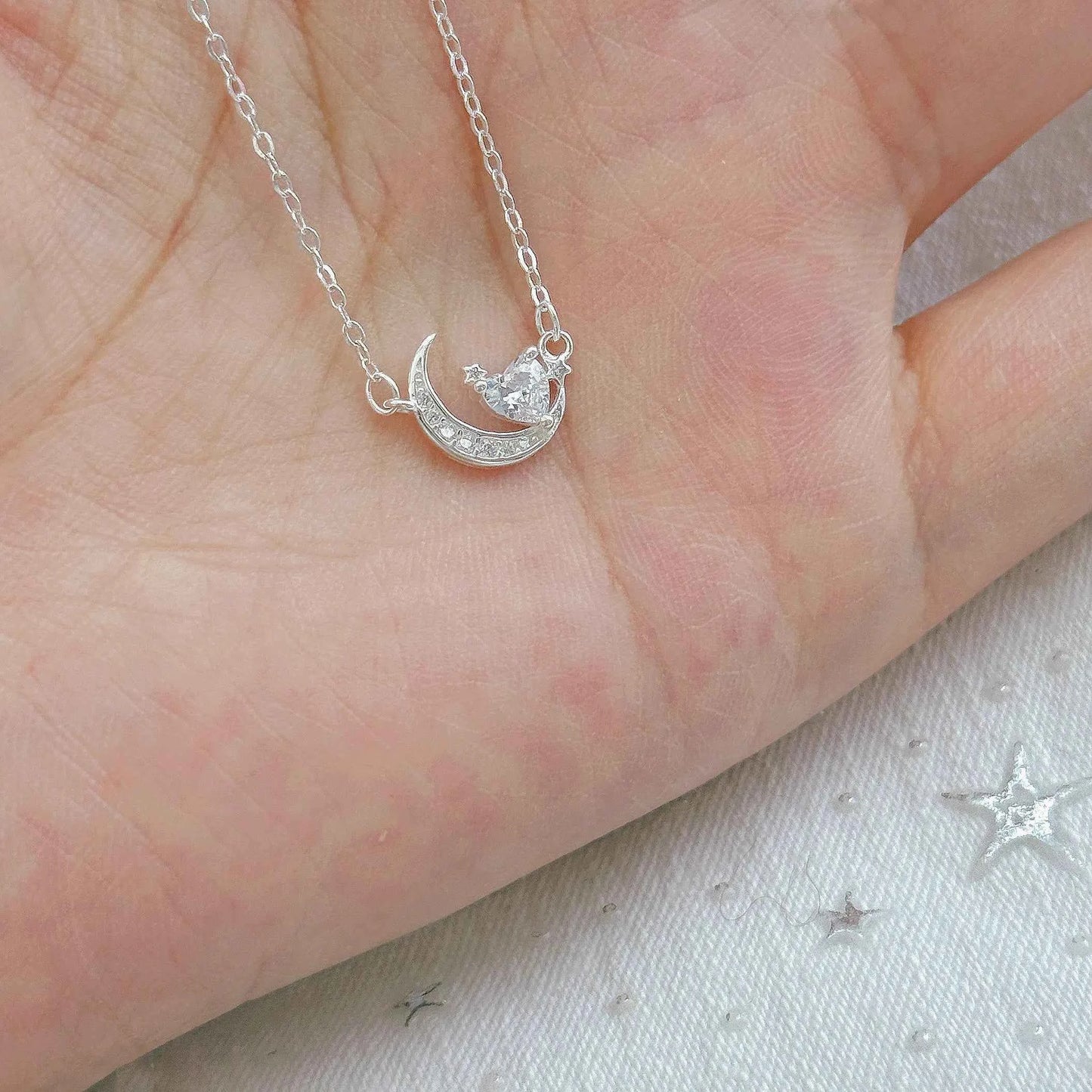 "Night Dream Starlight" 999 Pure Silver Heart and Moon Necklace - Dreamy and Elegant