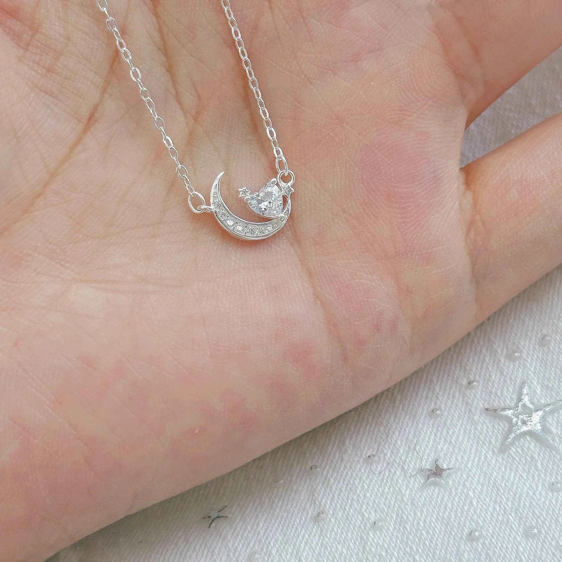 "Night Dream Starlight" 999 Pure Silver Heart and Moon Necklace - Dreamy and Elegant
