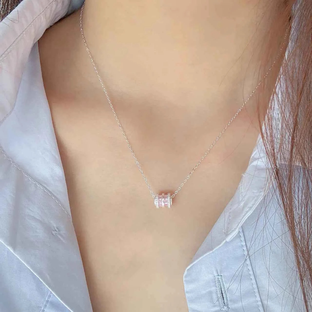 "Pink Fortune Bead" 999 Pure Silver Necklace with Zircon - Elegant and Charming