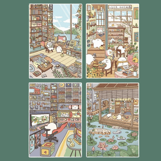 Kaka’s Cozy Daily Life – 3D Sticker Scenes - 4 Theme Sets: Lazy Afternoon | Home Study | Afternoon Tea | Gaming Time