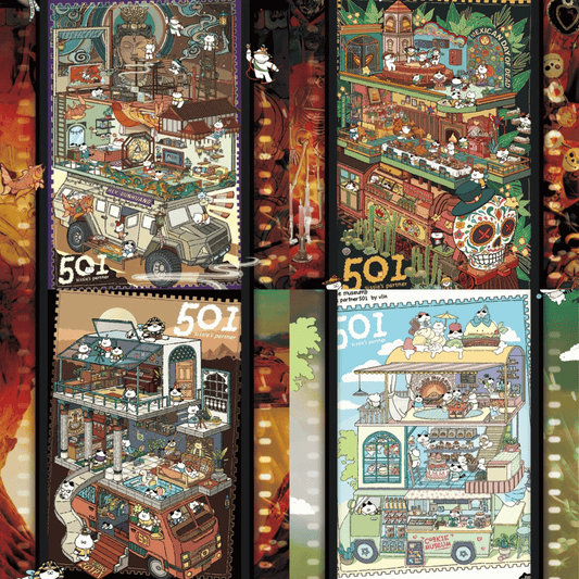Traveler’s Diary – 3D Miniature Sticker Scenes - 4 Theme Sets: Mexico Train Party | Dunhuang Mural | Egyptian Stroll | Cute Cat Café