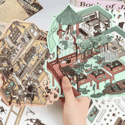 Summer Courtyard – Plus Size 3D Miniature Scene Stickers – 2 Theme Sets: Wisteria Cottage | Grand Courtyard