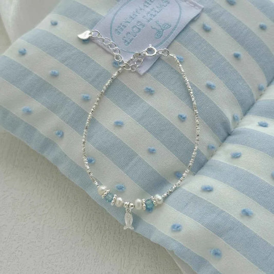 "This Little Fish Cares" 925 Sterling Silver Chunky-Link Bracelet – Aquamarine & Pearl Whisper (Copy)