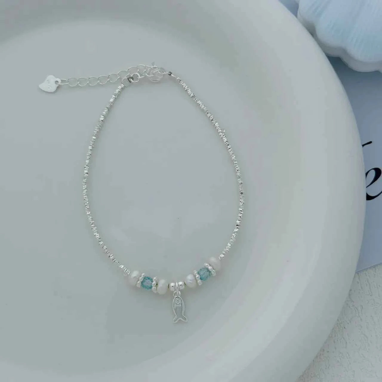 "This Little Fish Cares" 925 Sterling Silver Chunky-Link Bracelet – Aquamarine & Pearl Whisper (Copy)