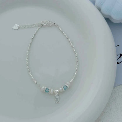 "This Little Fish Cares" 925 Sterling Silver Chunky-Link Bracelet – Aquamarine & Pearl Whisper (Copy)