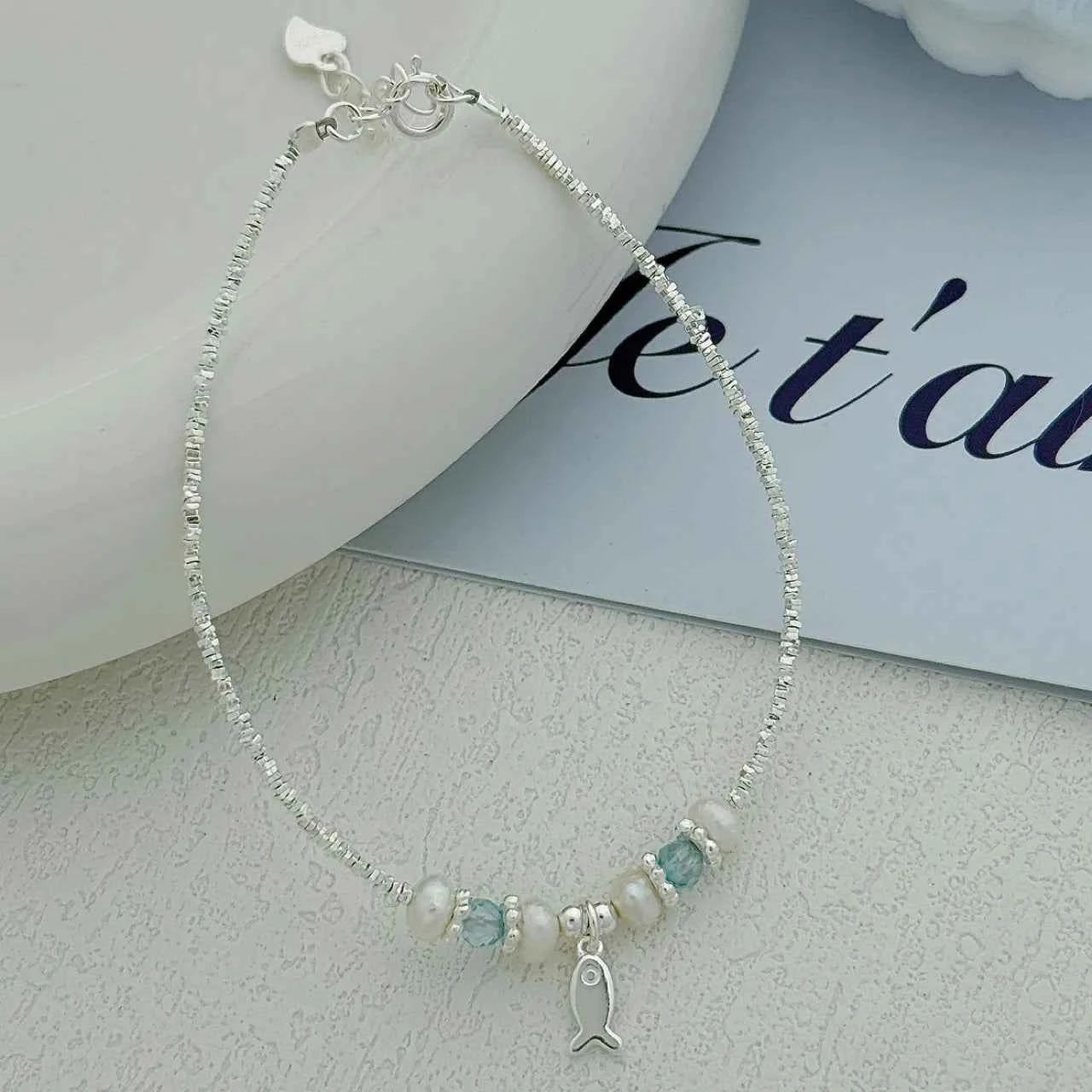 "This Little Fish Cares" 925 Sterling Silver Chunky-Link Bracelet – Aquamarine & Pearl Whisper (Copy)