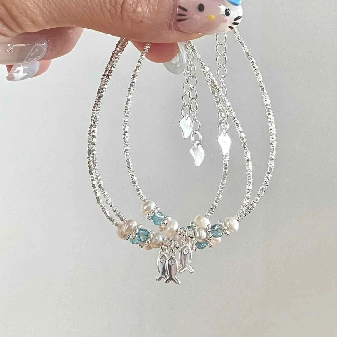 "This Little Fish Cares" 925 Sterling Silver Chunky-Link Bracelet – Aquamarine & Pearl Whisper (Copy)