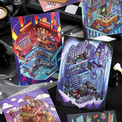 Vintage Horror Series – 3D Miniature Scene Stickers – 4 Theme Sets: Haunted Bank | Ghost Bar | Deep Sea Castle | Pipeline Café