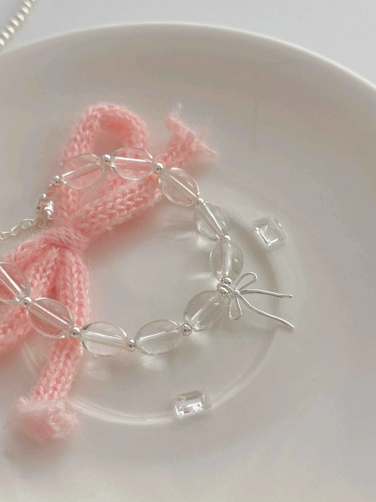 "White lce Crystal" 925 Sterling Silver Bowknot WhiteCrystal Bead Bracelet-Delicate,Pure, and Elegant