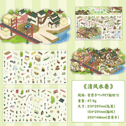 Relaxing Town – 3D Miniature Scene Stickers (Plus Size, Connectable) – 4 Theme Sets: Dockside Town | Red Brick Square | Shopping Street | Crossroads